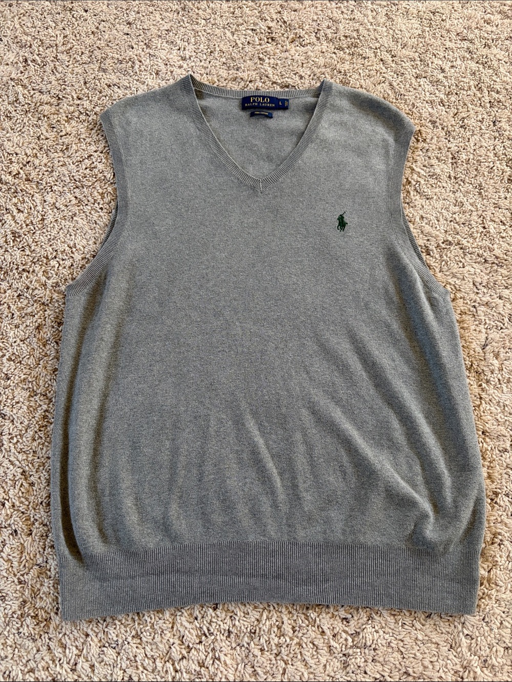 Polo Ralph Lauren men’s Pima Cotton Gray V-Neck Sweater Vest Green Pony